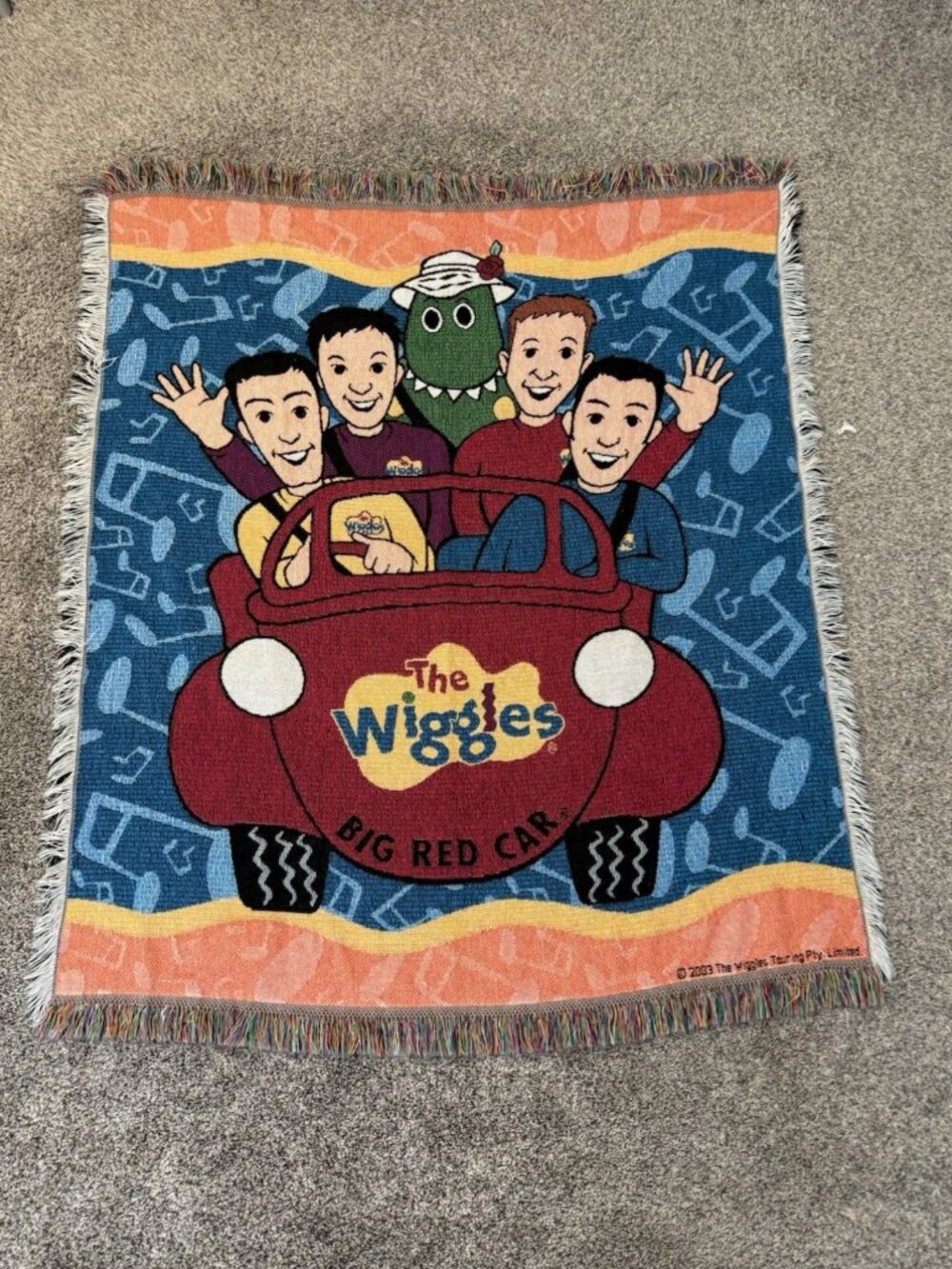 Vintage 2003 The Wiggles Big Red Car Woven Throw Blanket Tapestry Fringe Kids